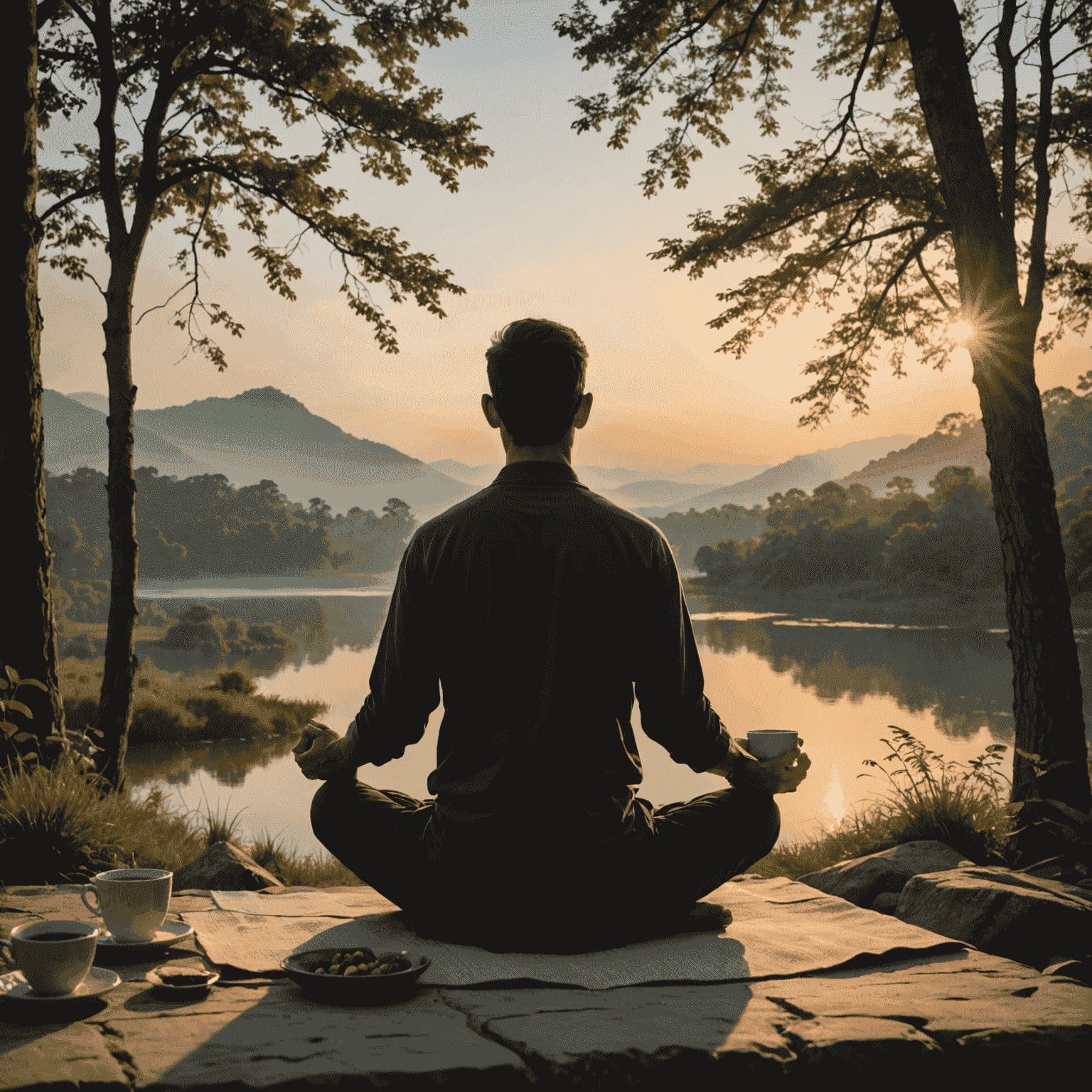 Una persona meditando al amanecer con una taza de café a su lado, rodeada de un ambiente tranquilo y luminoso