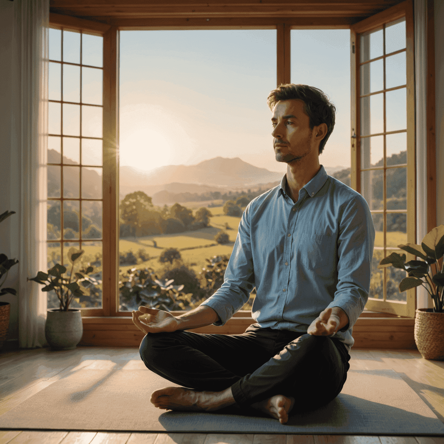 Persona practicando mindfulness en un ambiente tranquilo y luminoso al amanecer, sentada en posición de loto frente a una ventana con vistas a un paisaje natural