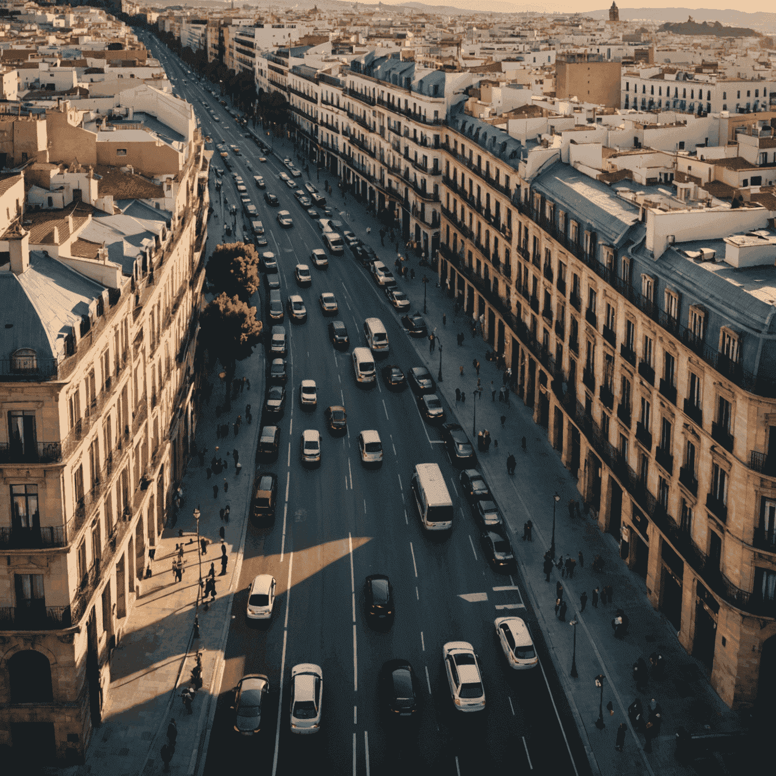 Vista aérea de una ciudad española al amanecer, con calles llenas de tráfico y personas dirigiéndose al trabajo