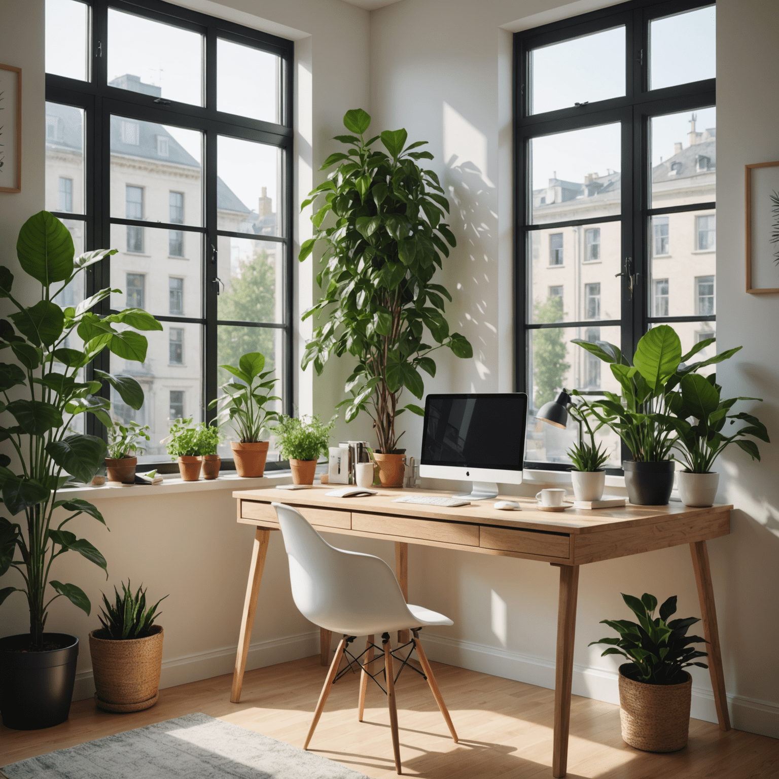 Oficina luminosa con escritorio junto a una ventana, plantas verdes, y una taza de café humeante
