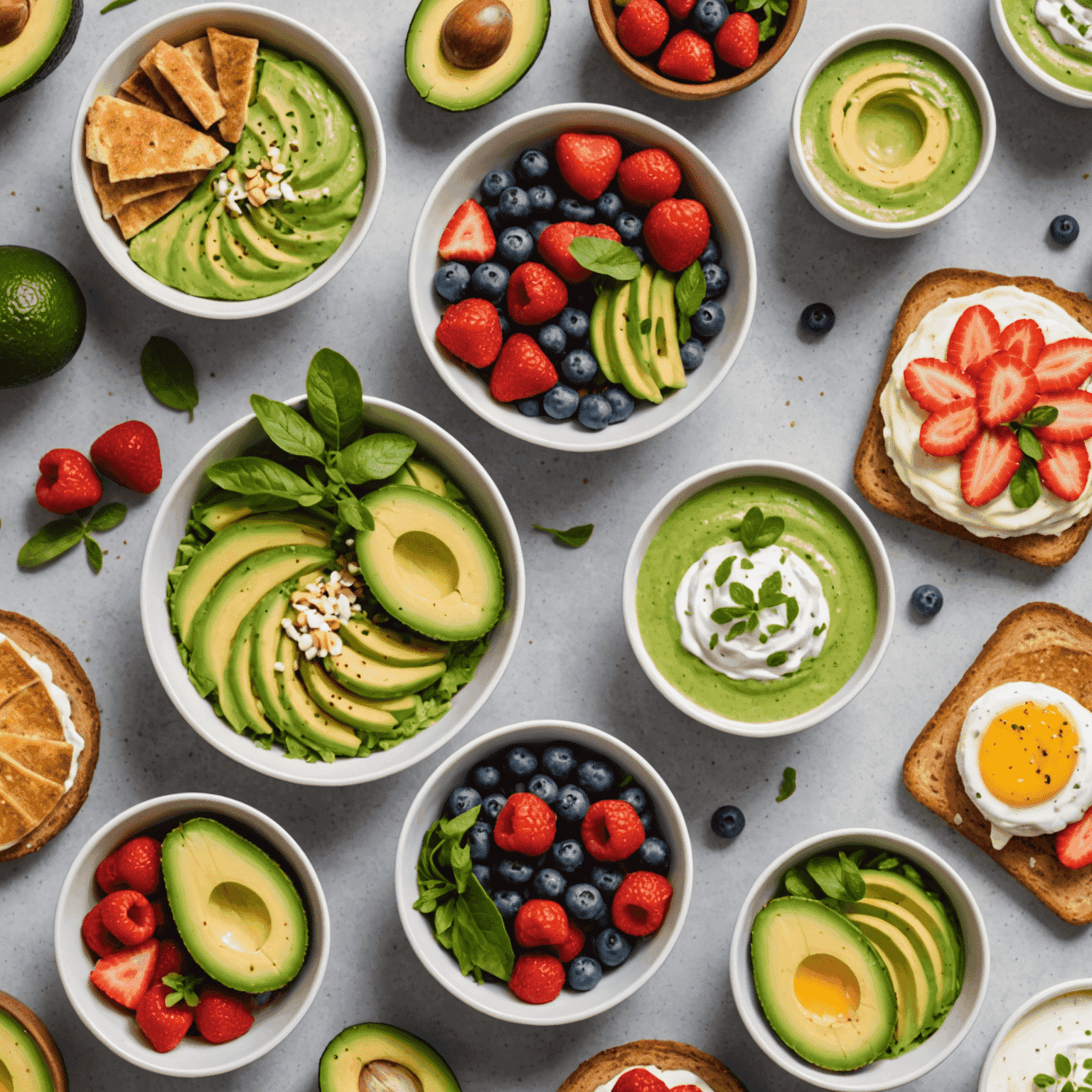 Imagen de varios desayunos saludables y rápidos como batidos, tostadas con aguacate y yogur con frutas