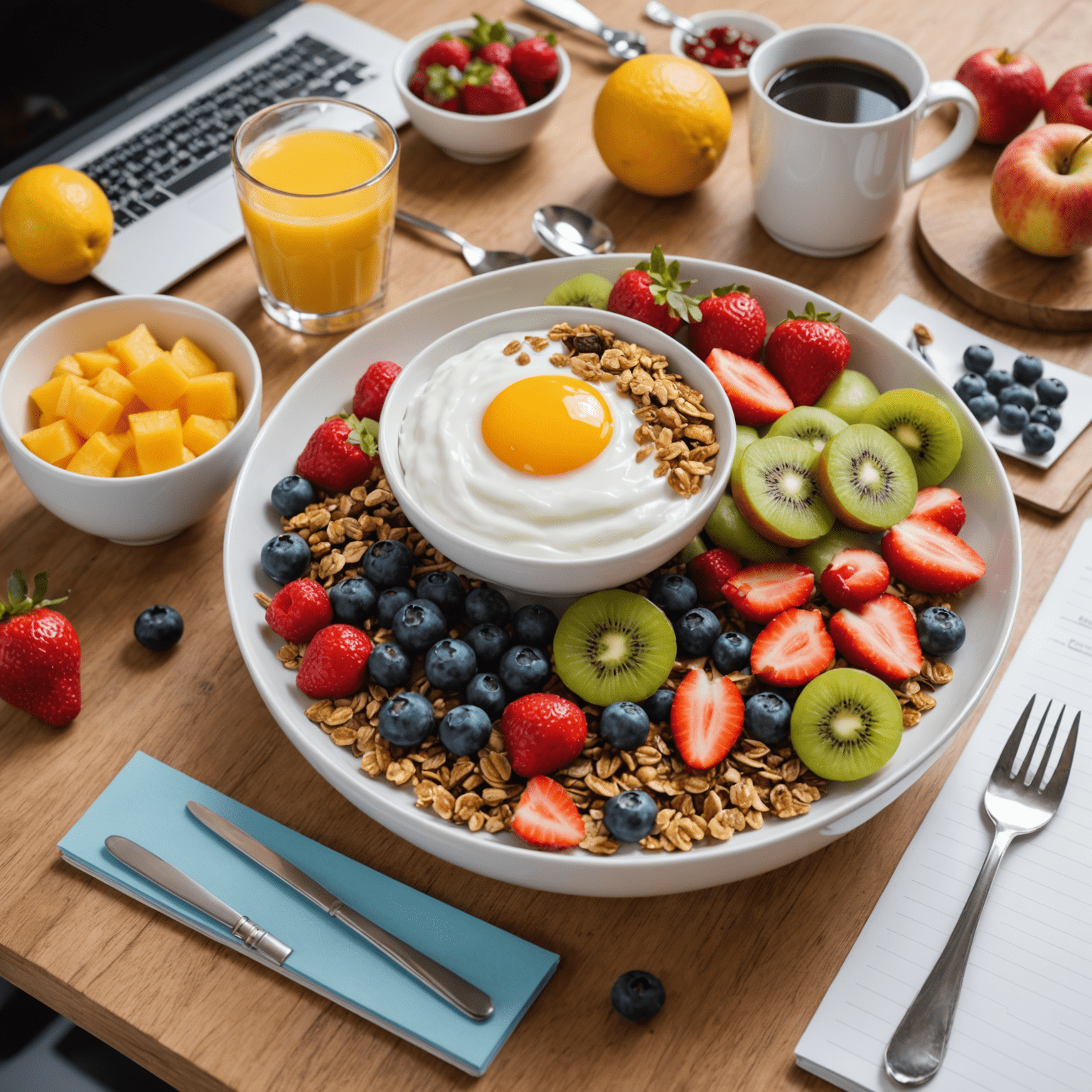 Imagen de un desayuno saludable con frutas, yogur y granola sobre una mesa de oficina