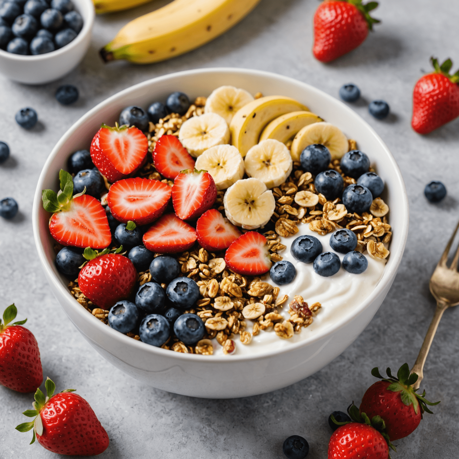 Bol de yogur griego cubierto con fresas frescas, arándanos, plátano en rodajas y granola casera