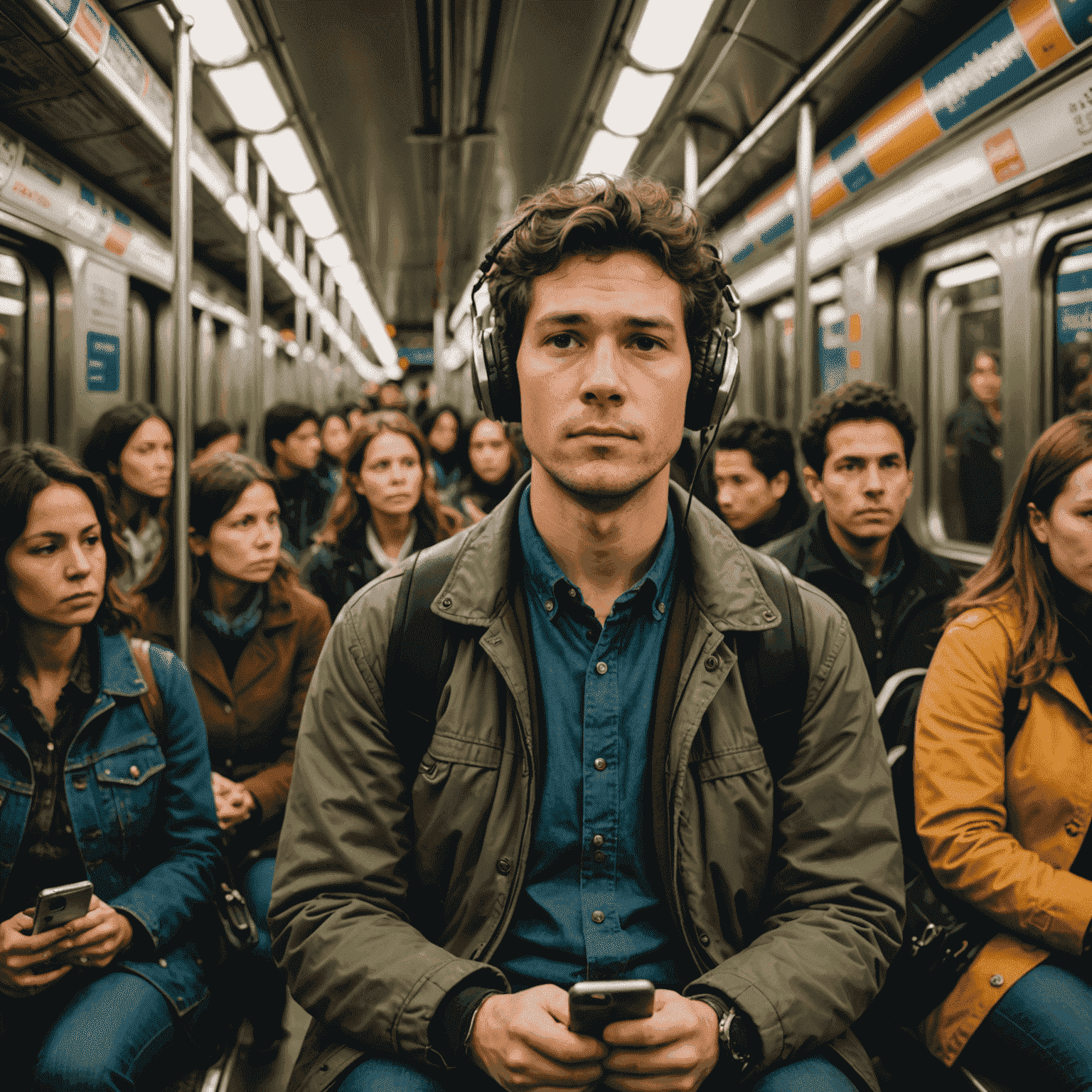 Persona escuchando un podcast en el metro, rodeada de otros pasajeros