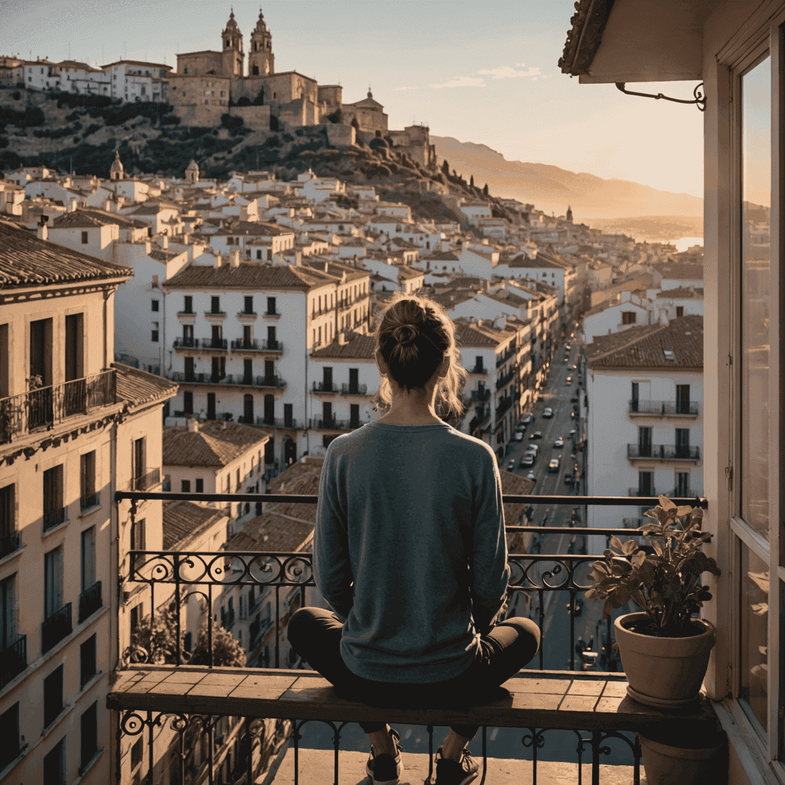 Persona practicando mindfulness en un balcón con vista a una ciudad española al amanecer