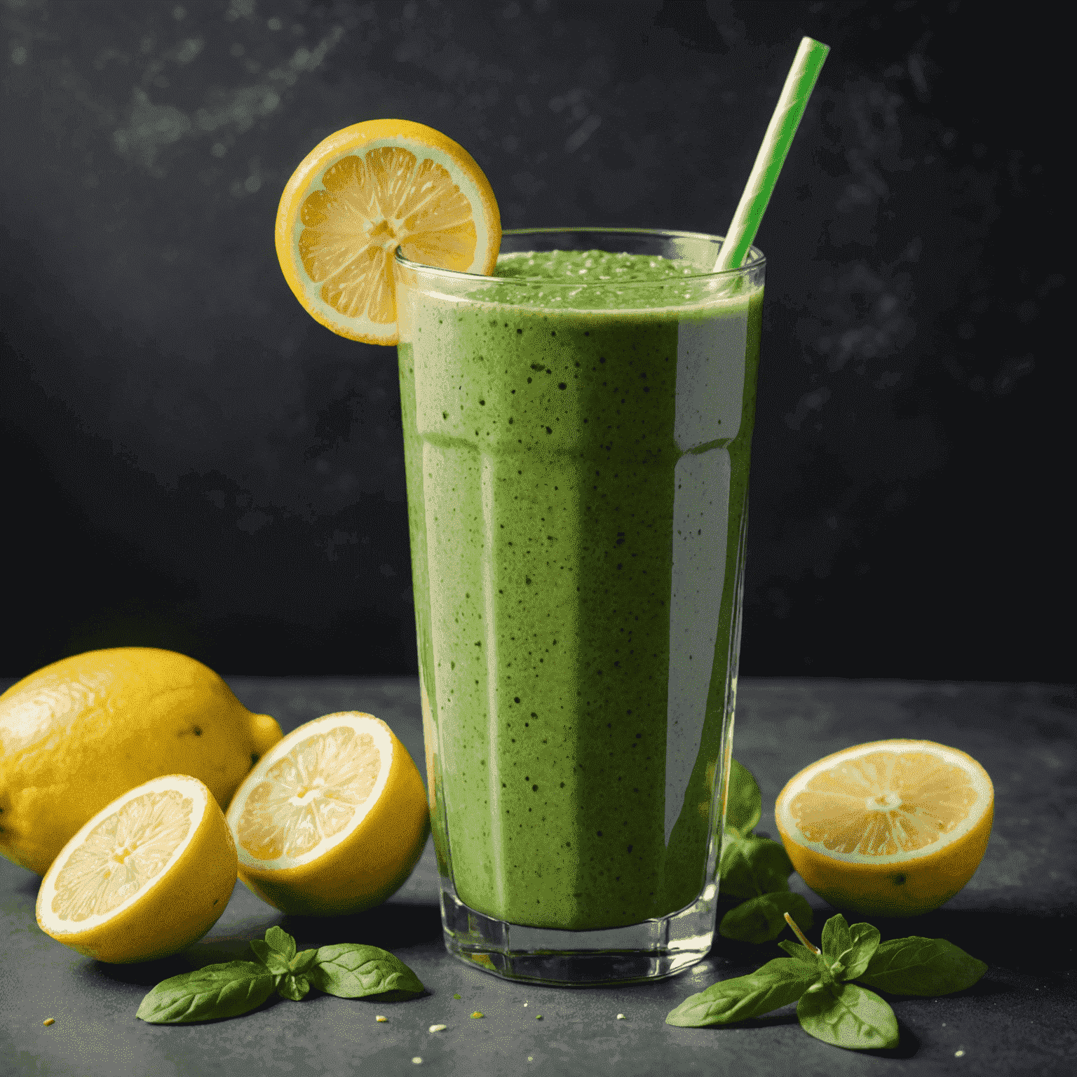 Vaso alto de batido verde hecho con espinacas, plátano, manzana y un toque de jengibre, decorado con una rodaja de limón
