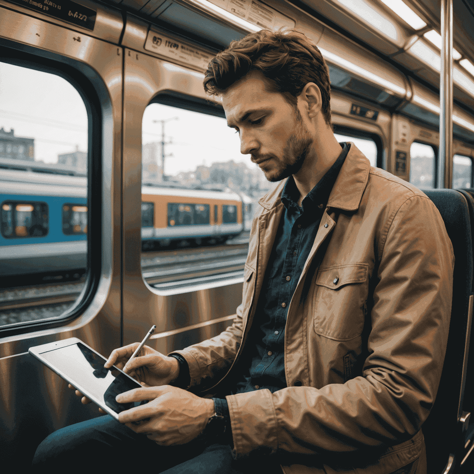 Persona trabajando en su tablet mientras viaja en un tren urbano