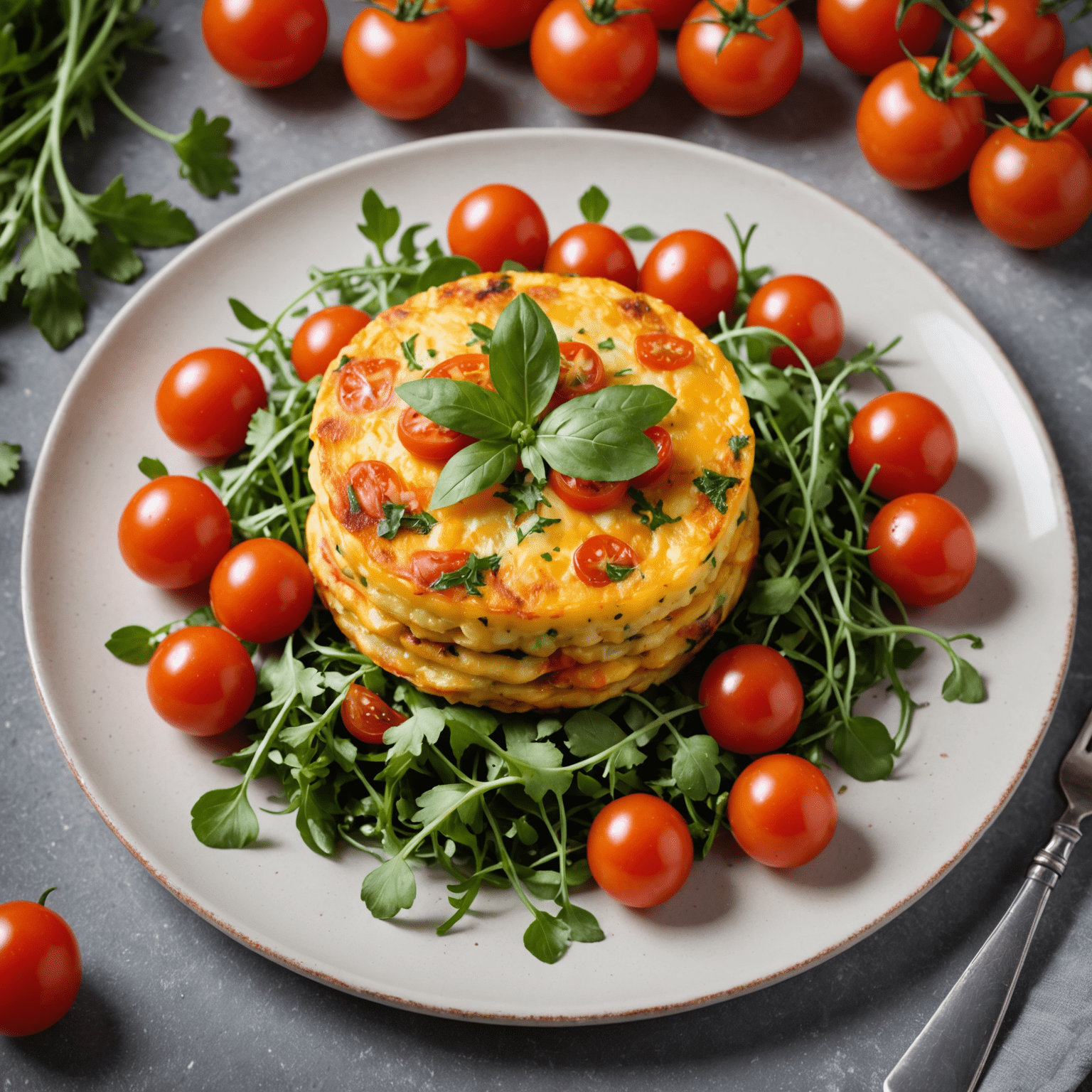 Mini tortilla española individual en un plato, acompañada de tomates cherry y rúcula