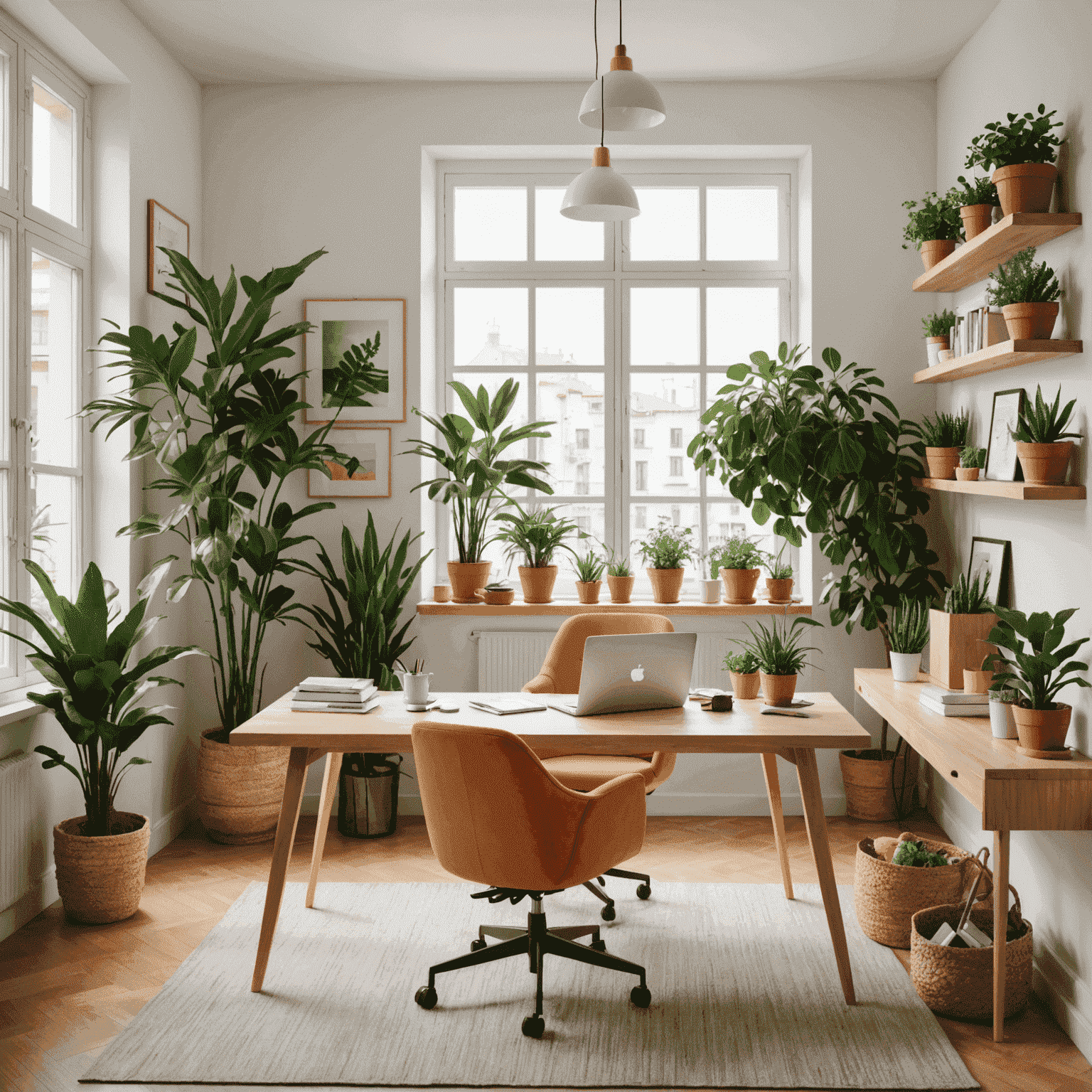 Espacio de trabajo luminoso y organizado en una oficina española con plantas y colores vibrantes