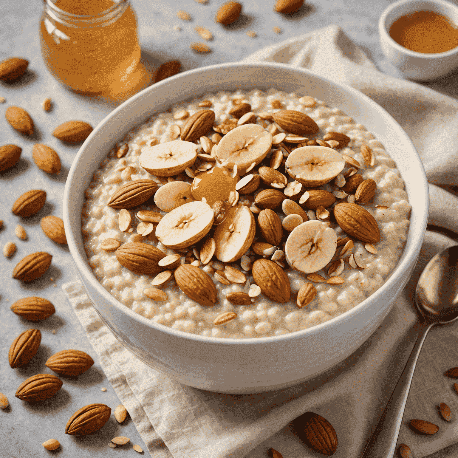 Bol de porridge de avena caliente decorado con almendras laminadas, nueces troceadas y un hilo de miel